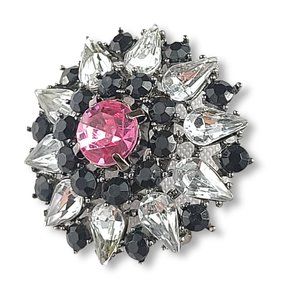 Vintage Inspired Cushion Brooch Pink Faux Sapphire Black Stones Faux Diamonds